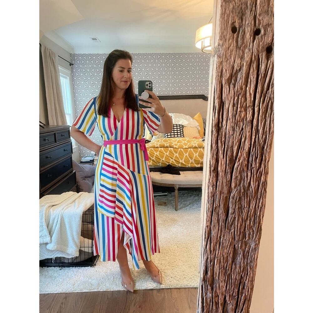 COLOR ME COURTNEY White Multicolor Stripes Taira Front Slit Wrap Dress size XS